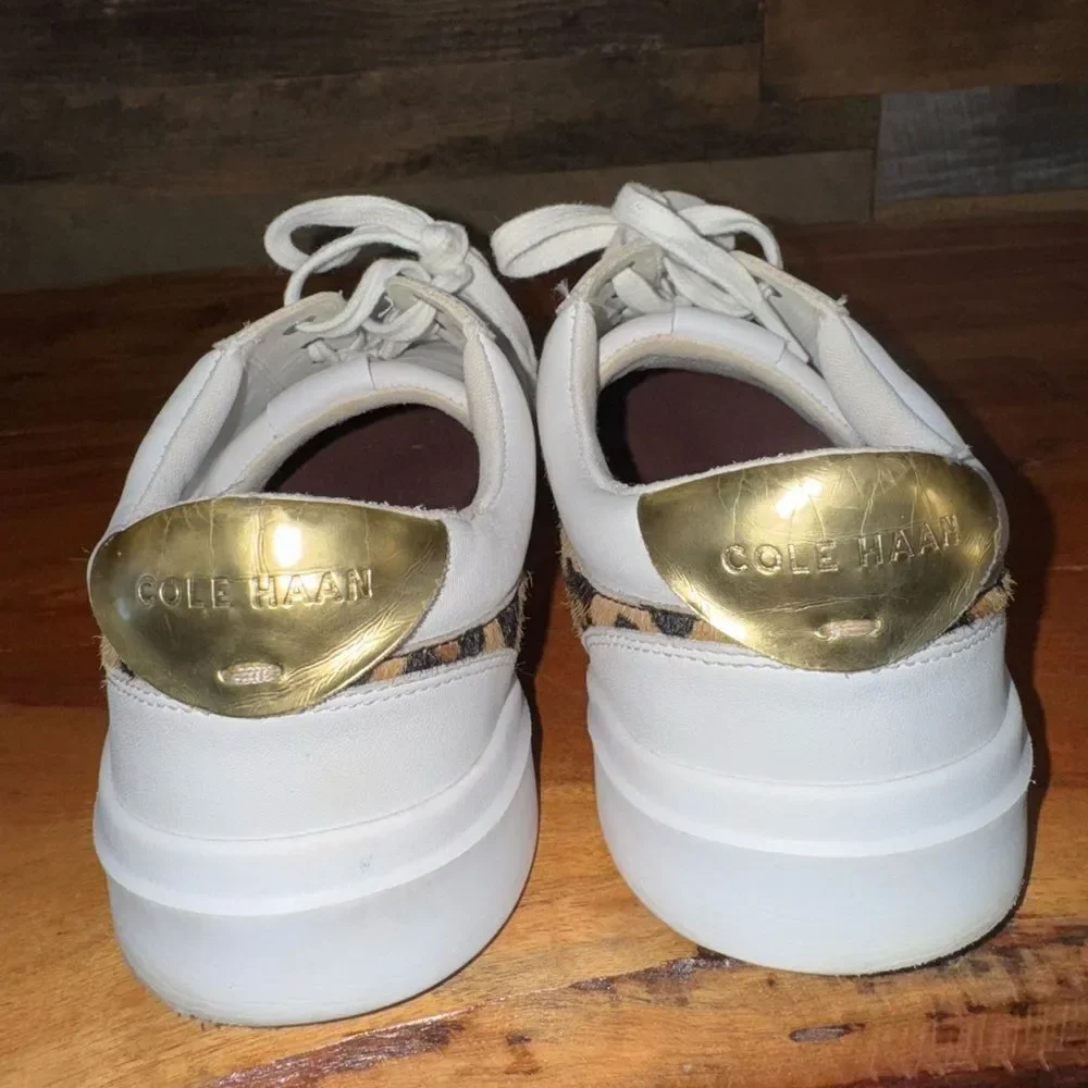 Cole Haan GrandPro Leather Sneakers Leopard Trim White Gold 10.5B